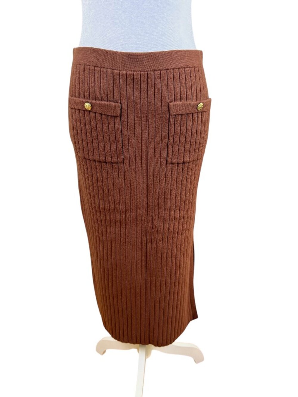 Christian Lacroix Maxi Skirt Knit Column Ribbed Brown (M)